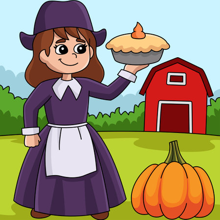 Thanksgiving Pilgrim Girl Cartoon Illustrationのイラスト素材