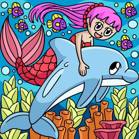 Mermaid Riding In A Dolphin Colored Cartoonのイラスト素材