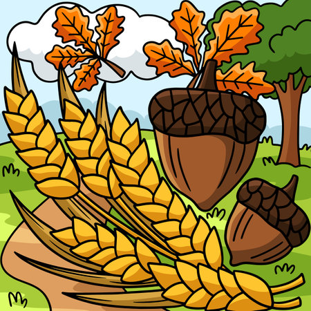 Thanksgiving wheat And Acorn Colored Cartoonのイラスト素材
