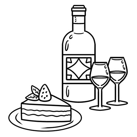 Cake and Wine Isolated Coloring Page for Kidsのイラスト素材