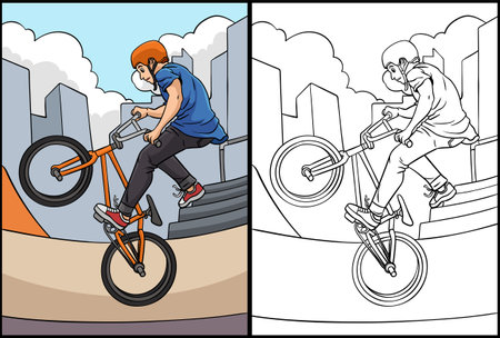 BMX Rider Coloring Page Colored Illustrationのイラスト素材