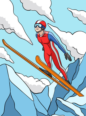 Ski Jumping Colored Cartoon Illustrationのイラスト素材