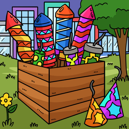 New Year Fireworks In Crate Colored Cartoonのイラスト素材