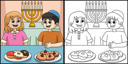 Hanukkah Boy and Girl Feasting Illustrationのイラスト素材