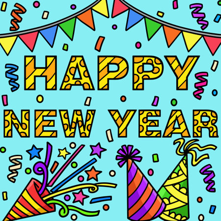 New Year Banner and Party Hat Colored Cartoonのイラスト素材