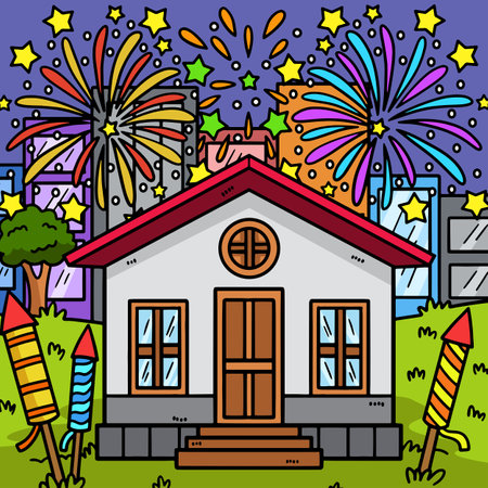 New Year Fireworks Colored Cartoon Illustrationのイラスト素材