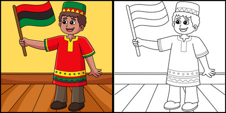 Kwanzaa Boy Holding a Flag Coloring Illustrationのイラスト素材