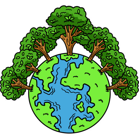 Earth Day Trees Crowning Earth Cartoon Clipartのイラスト素材