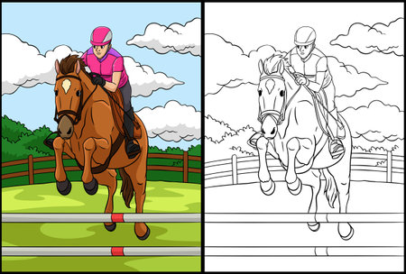 Show Jumping Coloring Page Colored Illustrationのイラスト素材