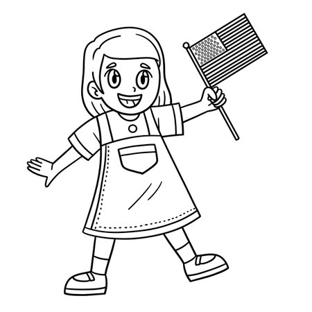 Child Waving USA Flag Isolated Coloring Pageのイラスト素材