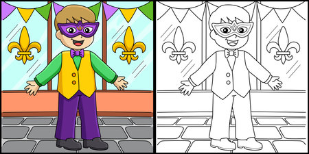 Mardi Gras Boy with Mask Coloring Illustrationのイラスト素材