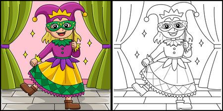 Mardi Gras Jester Girl Coloring Page Illustrationのイラスト素材
