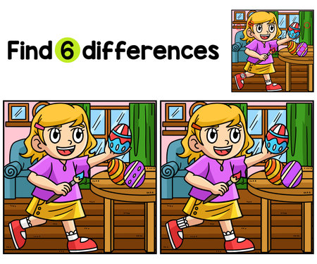 Girl Painting Easter Egg Find The Differencesのイラスト素材