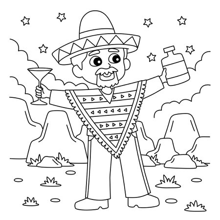 Cinco de Mayo Mexican Man Drinking Coloring Pageのイラスト素材