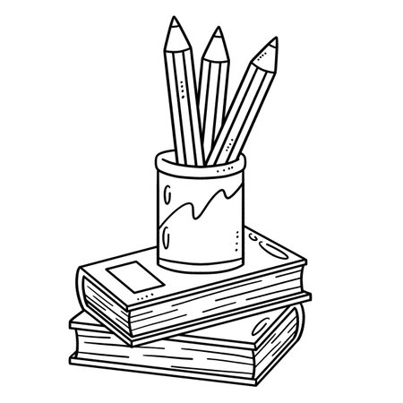 Pencil and Books Isolated Coloring Page for Kidsのイラスト素材