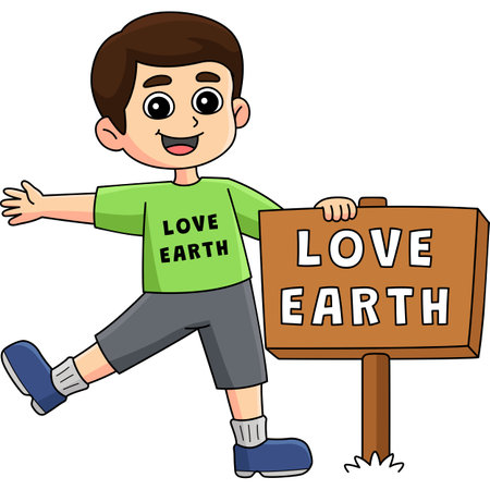 Boy Holding a Love Earth Sign Cartoon Clipartのイラスト素材