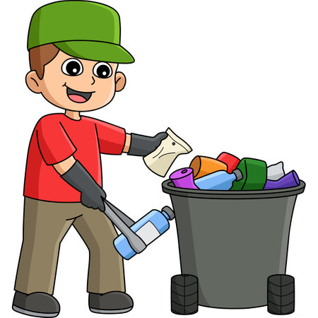 Boy Picking Up Litter Cartoon Colored Clipartのイラスト素材