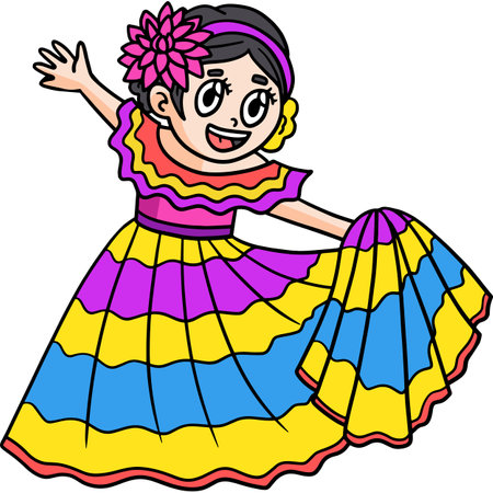 Cinco de Mayo Mexican Girl Dancing Cartoon Clipartのイラスト素材
