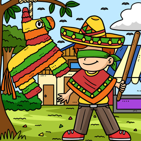 Cinco de Mayo Boy and Pinata Colored Cartoonのイラスト素材
