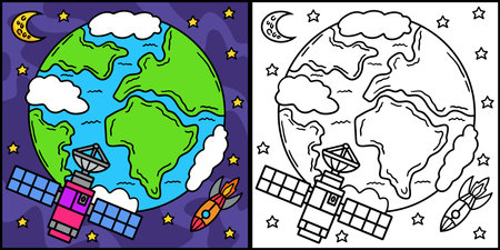 Space Satellite Coloring Page Colored Illustrationのイラスト素材