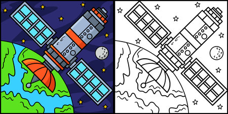 Space Satellite Coloring Page Colored Illustrationのイラスト素材