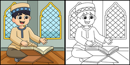 Ramadan Muslim Boy Reading Quran Illustrationのイラスト素材