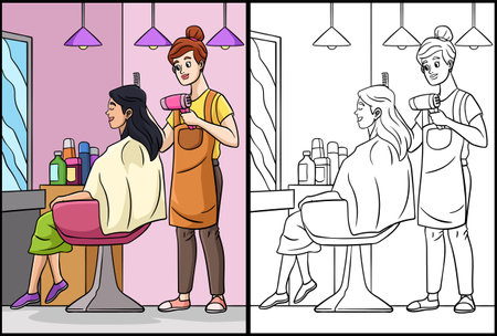 Hair Dresser Coloring Page Colored Illustrationのイラスト素材