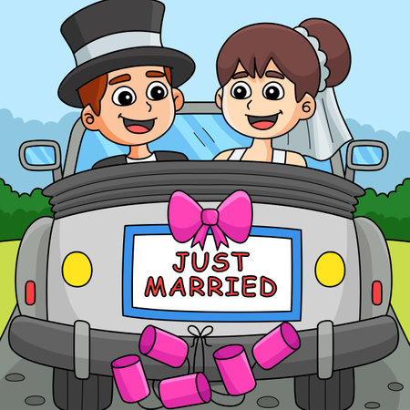 Wedding Car Bride Groom Just Married Coloredのイラスト素材