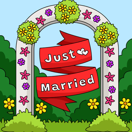 Wedding Just Married Flower Arch Colored Cartoonのイラスト素材