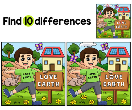 Boy Holding Love Earth Sign Find The Differencesのイラスト素材