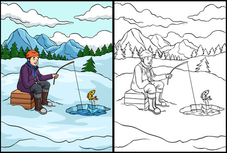Ice Fishing Coloring Page Colored Illustrationのイラスト素材