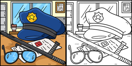 Police Hat And Baton Coloring Page Illustrationのイラスト素材