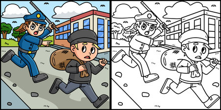 Policewoman Chasing Thief Coloring Illustrationのイラスト素材