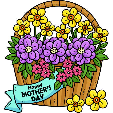 Mothers Day Basket of Flowers Cartoon Clipartのイラスト素材