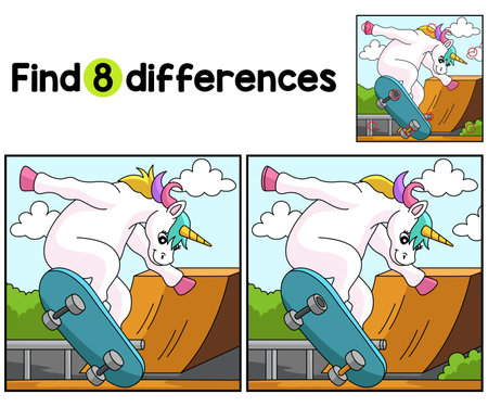 Unicorn on a Skateboard Find The Differencesのイラスト素材