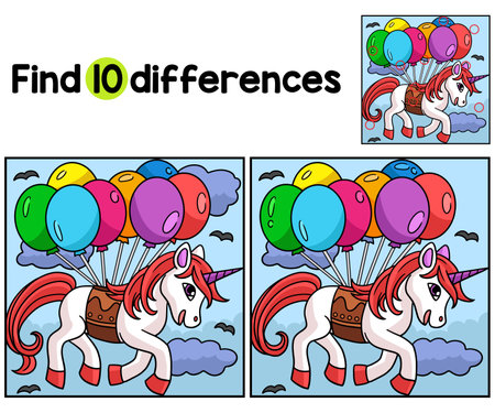Unicorn Floating on Balloons Find The Differencesのイラスト素材