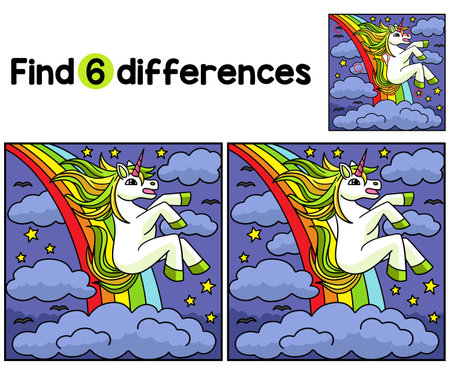 Unicorn Sliding on Rainbow Find The Differencesのイラスト素材