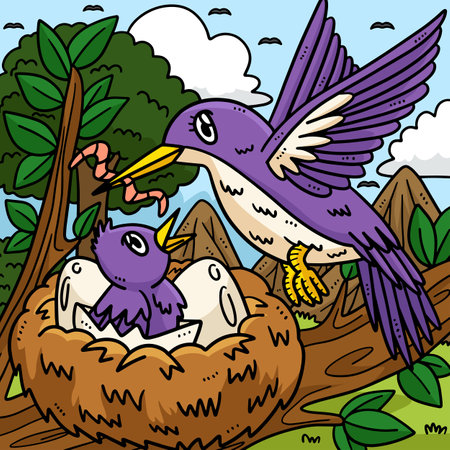 Mother Bird and Fledgling Colored Cartoonのイラスト素材