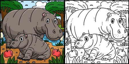 Mother Hippo and Baby Hippo Coloring Illustrationのイラスト素材