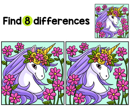 Unicorn with a Flower Wreath Find The Differencesのイラスト素材