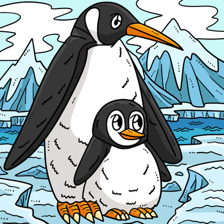 Mother Penguin and Baby Penguin Colored Cartoonのイラスト素材