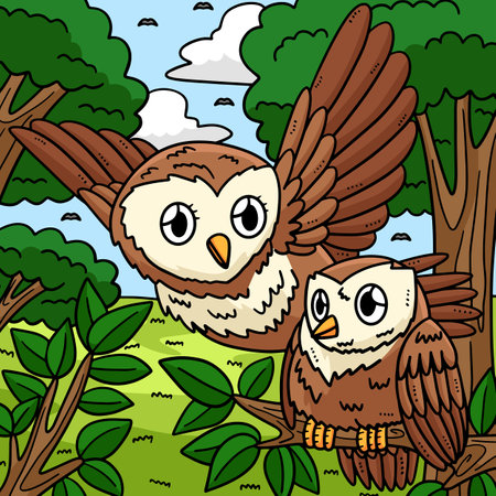 Mother Owl and Baby Owl Colored Cartoonのイラスト素材