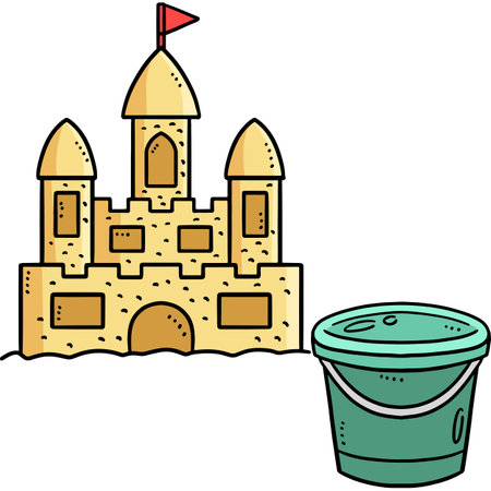 Sand Castle and Bucket Cartoon Colored Clipartのイラスト素材
