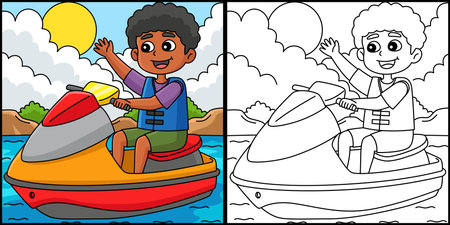 Boy Riding a Jet Ski Summer Coloring Illustrationのイラスト素材