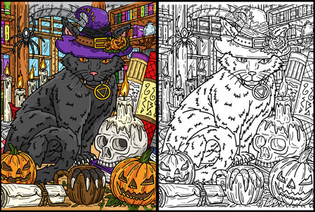 Halloween Cat with Hat Coloring Page Illustrationのイラスト素材