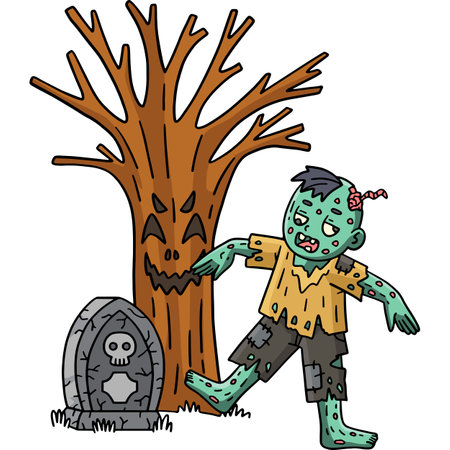 Zombie under Spooky Tree Cartoon Colored Clipartのイラスト素材