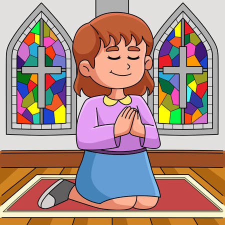 Christian Girl Praying Colored Cartoonのイラスト素材