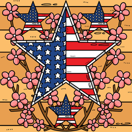 Memorial Day Star US Flag Flowers Colored Cartoonのイラスト素材