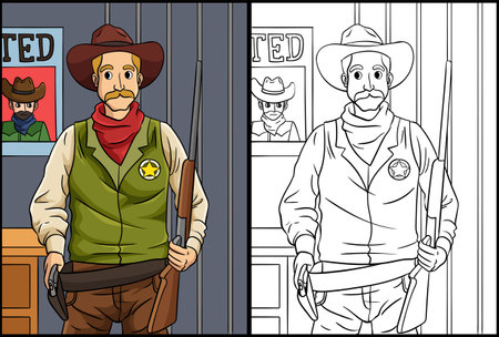 Cowboy Sheriff Coloring Page Colored Illustrationのイラスト素材