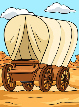 Cowboy Covered Wagon Colored Cartoon Illustrationのイラスト素材